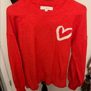 LOFT Red Crewneck Sweater with White Heart Detail